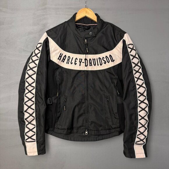 Harley Davidson Y2K Multi Pocket Pink and Black Zip Up Riding Jacket Women’s Lar - Picture 1 of 7